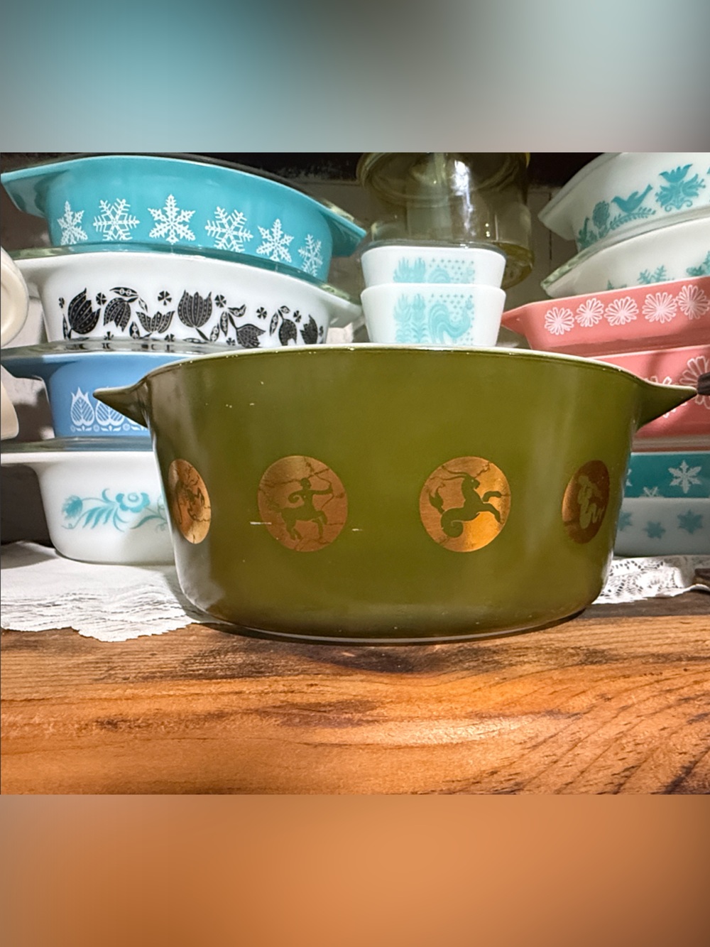 Pyrex Olive Green zodiac promotional Cinderella casserole 475